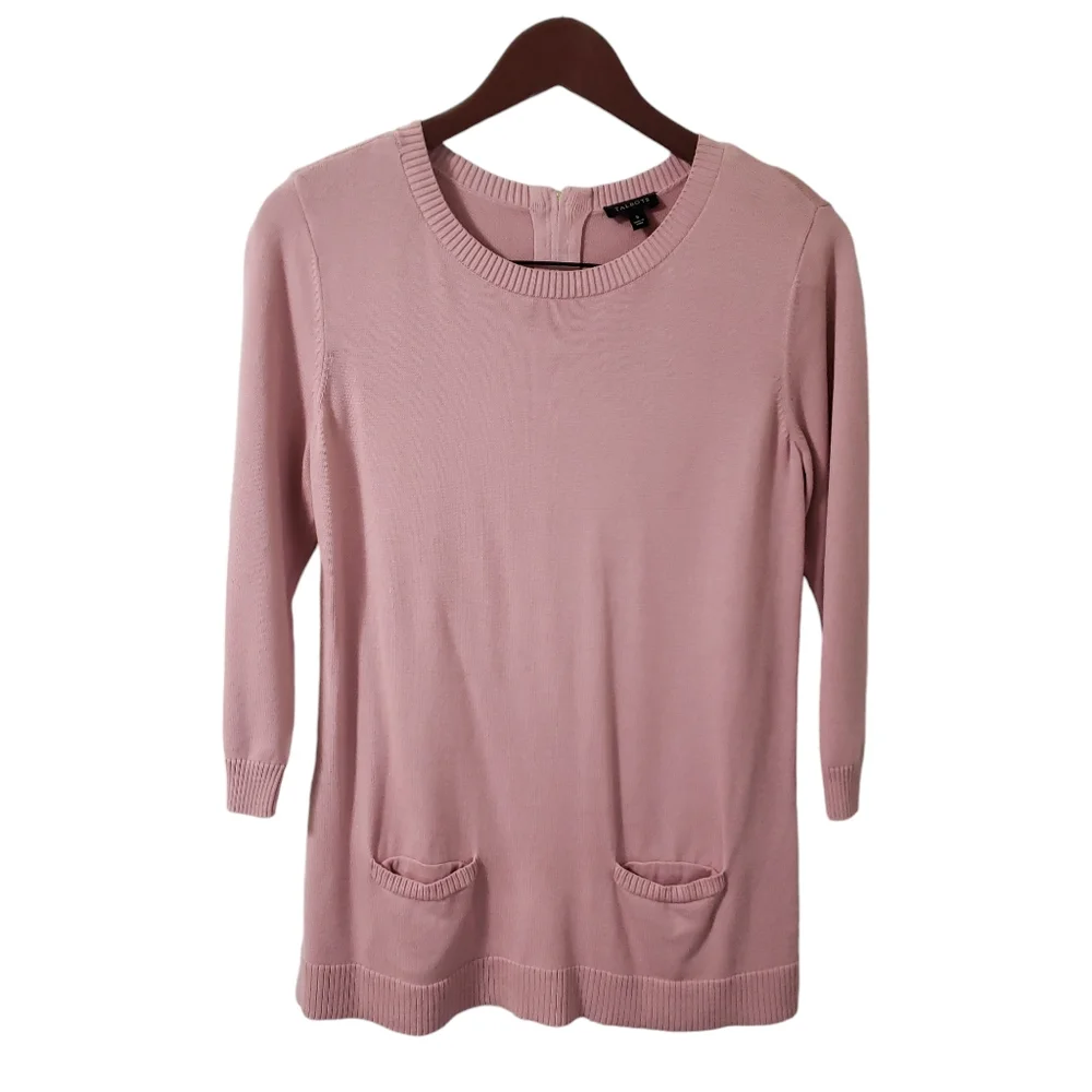 Talbots 3/4 Sleeve Front Pocket Zipper Back Sweater Pink Sz Small - Picture 1 of 13